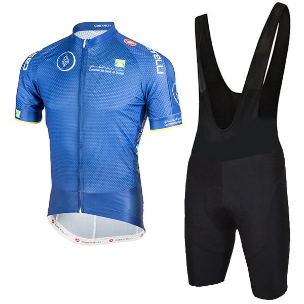 2018 Dubai Tour blau Fahrradbekleidung Radtrikot Satz Kurzarm+Kurz Trägerhose O61WA