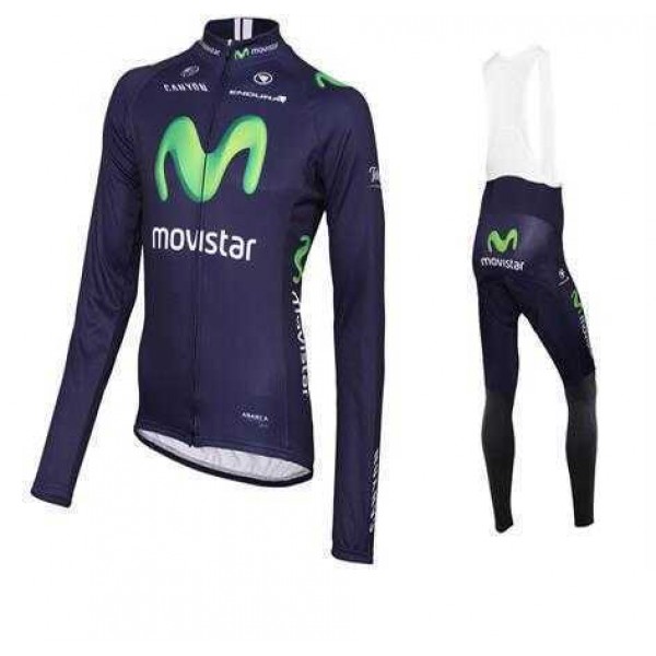 2016 Movistar Fahrradbekleidung Radtrikot Langarm+Lang Trägerhose vliezen blau 13JJ2