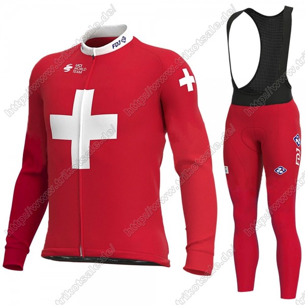 Swiss FDJ 2021 Fahrradbekleidung Radtrikot Langarm+Lang Trägerhose RBSGQ