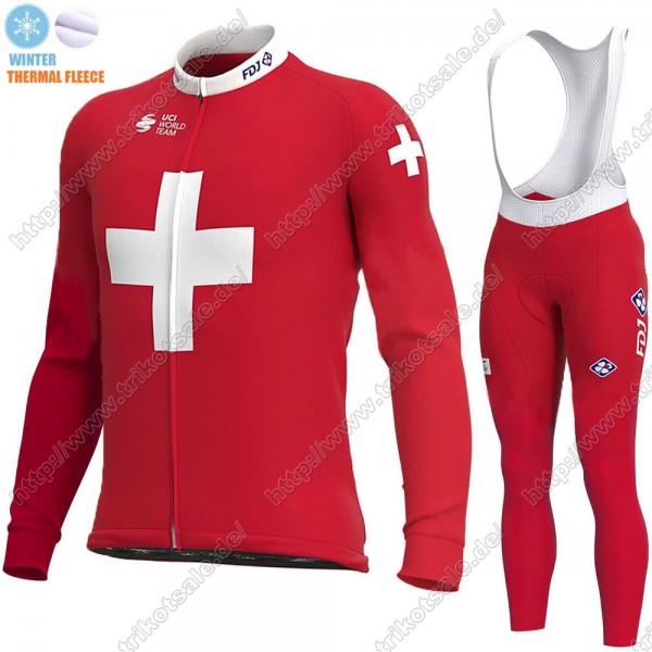 Swiss FDJ Winter Thermal Fleece 2021 Fahrradbekleidung Radtrikot Langarm+Lang Trägerhose YPTGH