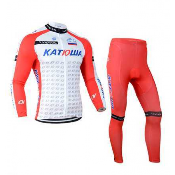 2014 Katusha Fahrradbekleidung Set Langarmtrikot+Lange Radhose Rot weiß RN9P4